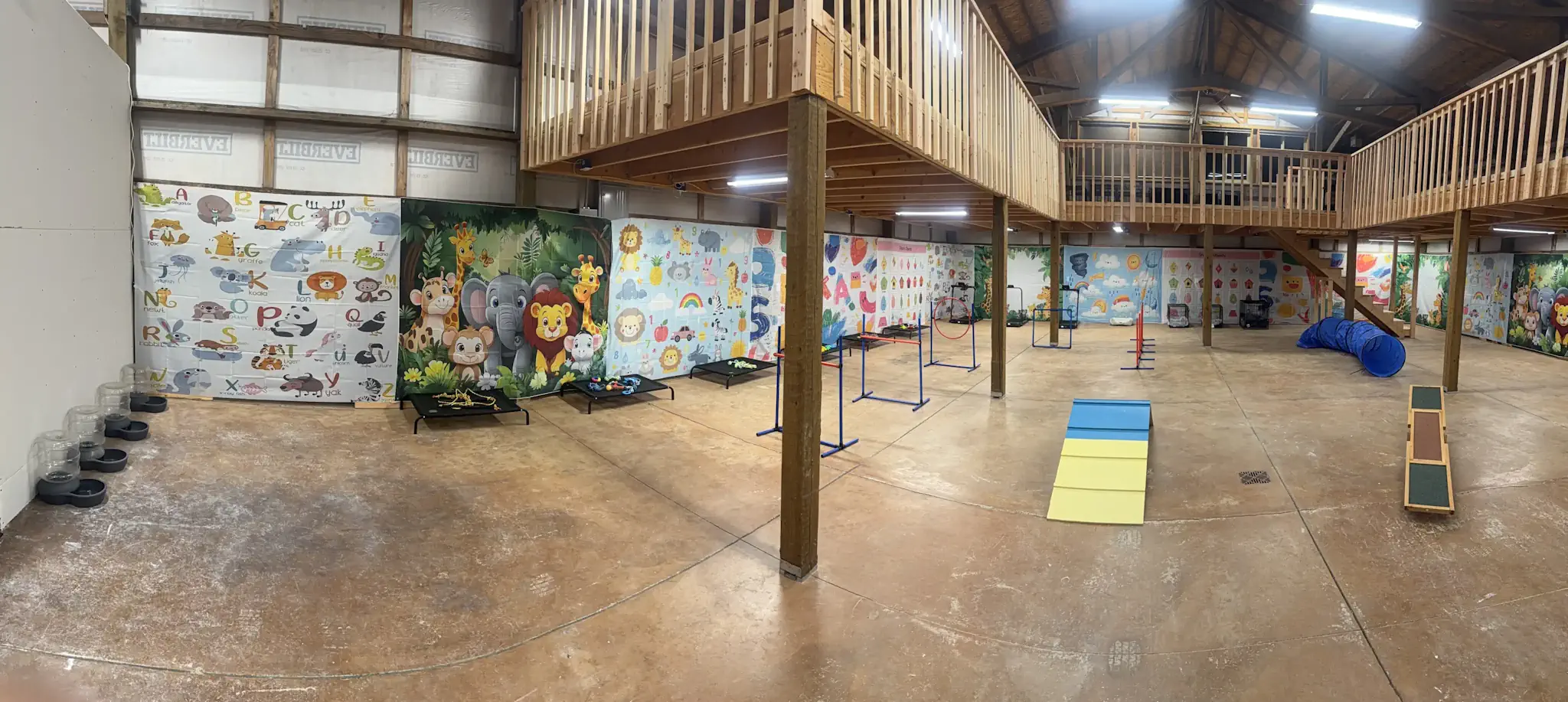 Indoor facility with treadmill and play equipment